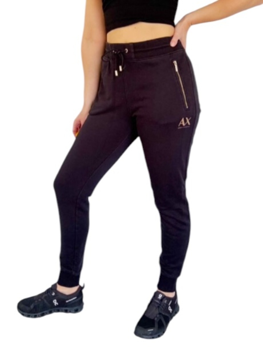 Armani Exchange black high rise zipper pocket tapered ankle joggers medium